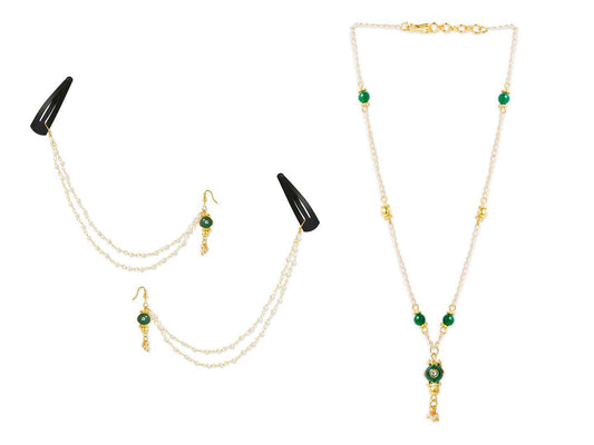 Combo - A festive set of 1 pair green bead chain earrings with tic-tacs & 1 bead necklace (3 Qty)- Green