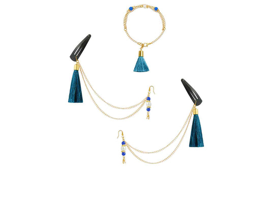 Combo - A festive set of 1 pair blue beaded tassle with chain earrings & 1 matching bracelet (3 Qty) - Blue
