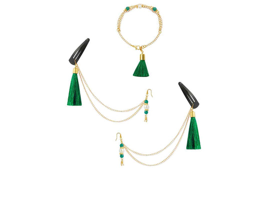 Combo - A festive set of 1 pair green beaded tassle with chain earrings & 1 matching bracelet (3 Qty) - Green