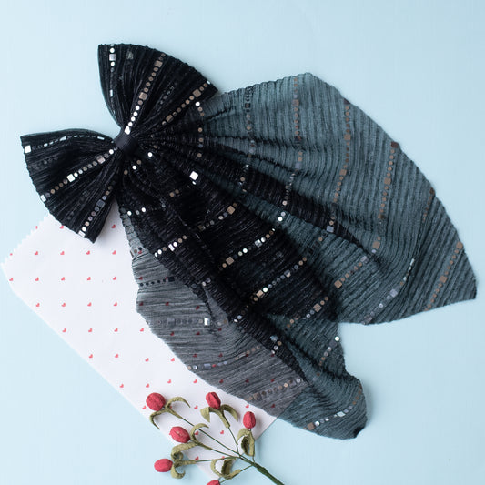 Stripe detailed Georgette Scarf on Alligator Clip - Black