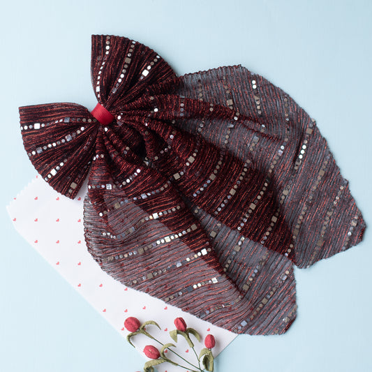 Stripe detailed Georgette Scarf on Alligator Clip - Maroon