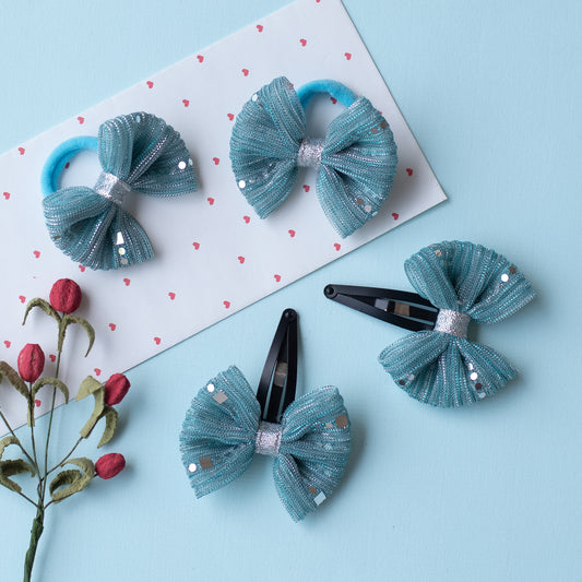 Combo : 1 Pair shiny bow tic-tac pins, and 1 pair matching bow rubberbands - Blue