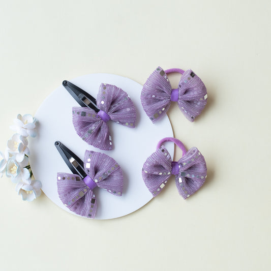 Combo : 1 Pair shiny bow tic-tac pins, and 1 pair matching bow rubberbands - Purple