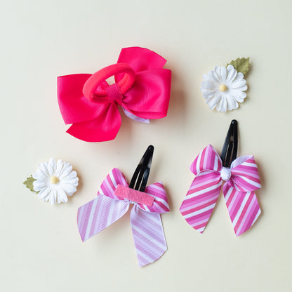 Combo: Cute striped print bow on tic-tac pins and dual bow rubberband - Pink