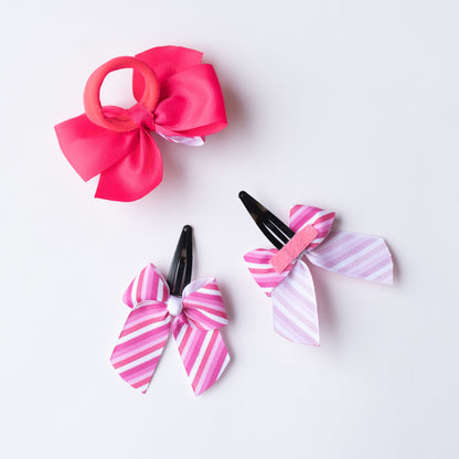 Combo: Cute striped print bow on tic-tac pins and dual bow rubberband - Pink