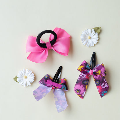 Combo : Cute flower print bow on tic-tac pins and dual bow rubberband - Pink and Magenta