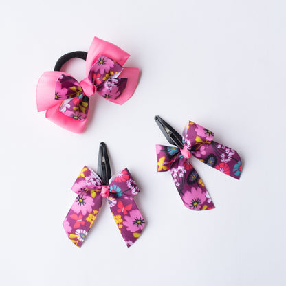 Combo : Cute flower print bow on tic-tac pins and dual bow rubberband - Pink and Magenta