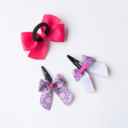 Combo: Cute flower print bow on tic-tac pins  (2 nos) and dual bow rubberband -Purple and Pink
