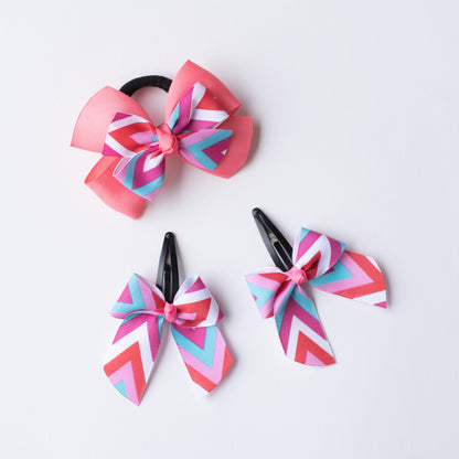 Combo : Cute zig-zag print bow on tic-tac pins  (2 nos) and dual bow rubberband - Pink, Blue and White