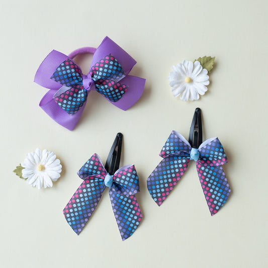 Combo : Cute polka doted print bow on tic-tac pins  (2 nos) and dual bow rubberband - Purple, Blue and Black