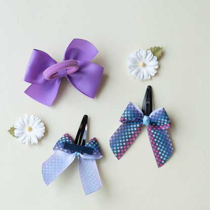 Combo : Cute polka doted print bow on tic-tac pins and dual bow rubberband - Purple, Blue and Black