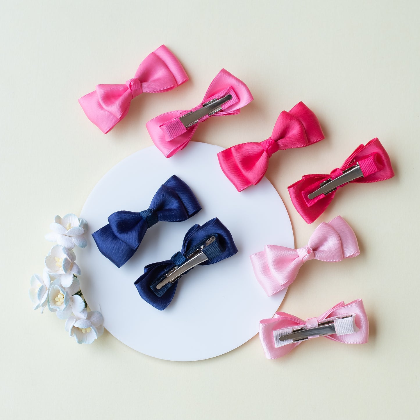 Combo: Fancy satin double bow alligator clips (8 nos) - Pink, Blue