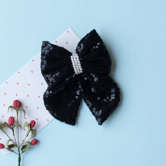 Fancy party sequins big bow with embellished pearls on barette clip - Black