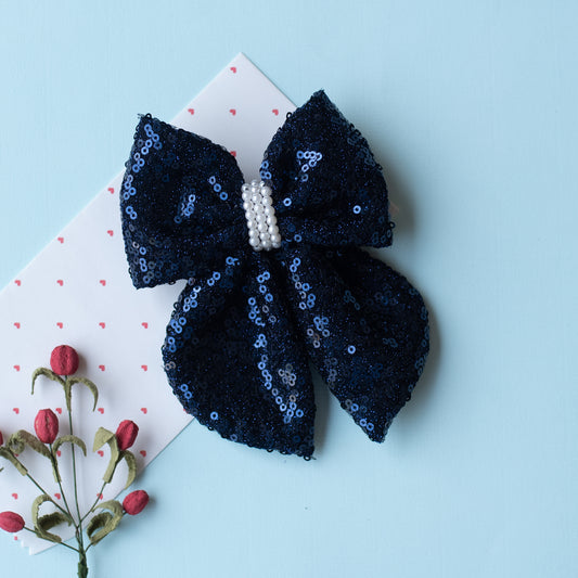 Fancy party sequins big bow with embellished pearls on barette clip - Navy Blue