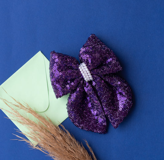 Fancy party sequins big bow with embellished pearls on barette clip - Magenta