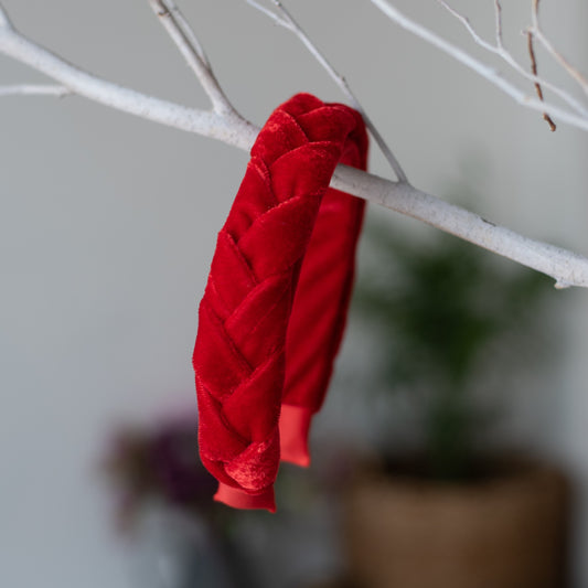 Fancy velvet braided hair band - Red