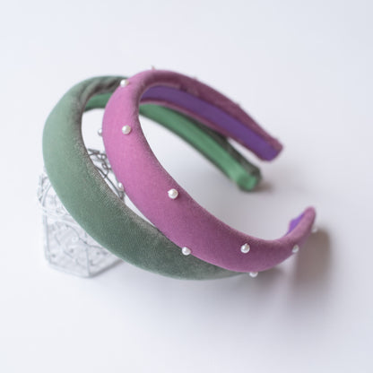 Combo: Set of 2 Soft velvet padded party hairbands - Olive green and Purple