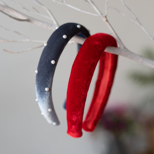 Combo: Set of 2 Soft velvet padded party hairbands - Red and Grey