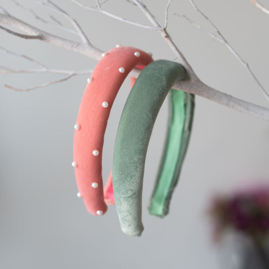 Combo: Set of 2 Soft velvet padded party hairbands - Peach and Olive green