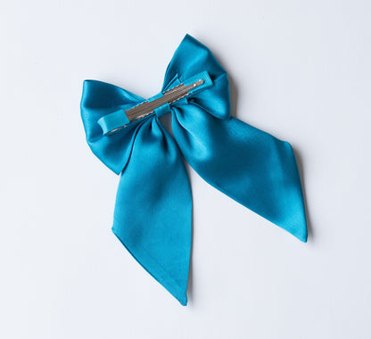Big fancy satin bow on alligator clip embellished with pearls - Blue.