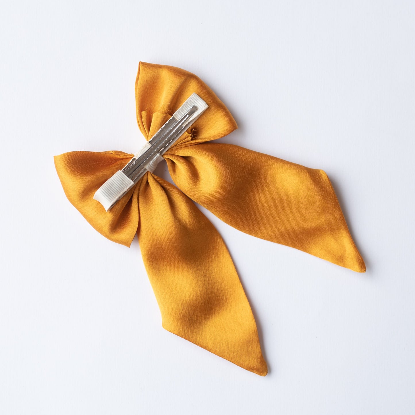 Big fancy satin bow on alligator clip embellished with pearls - Mustard Yellow