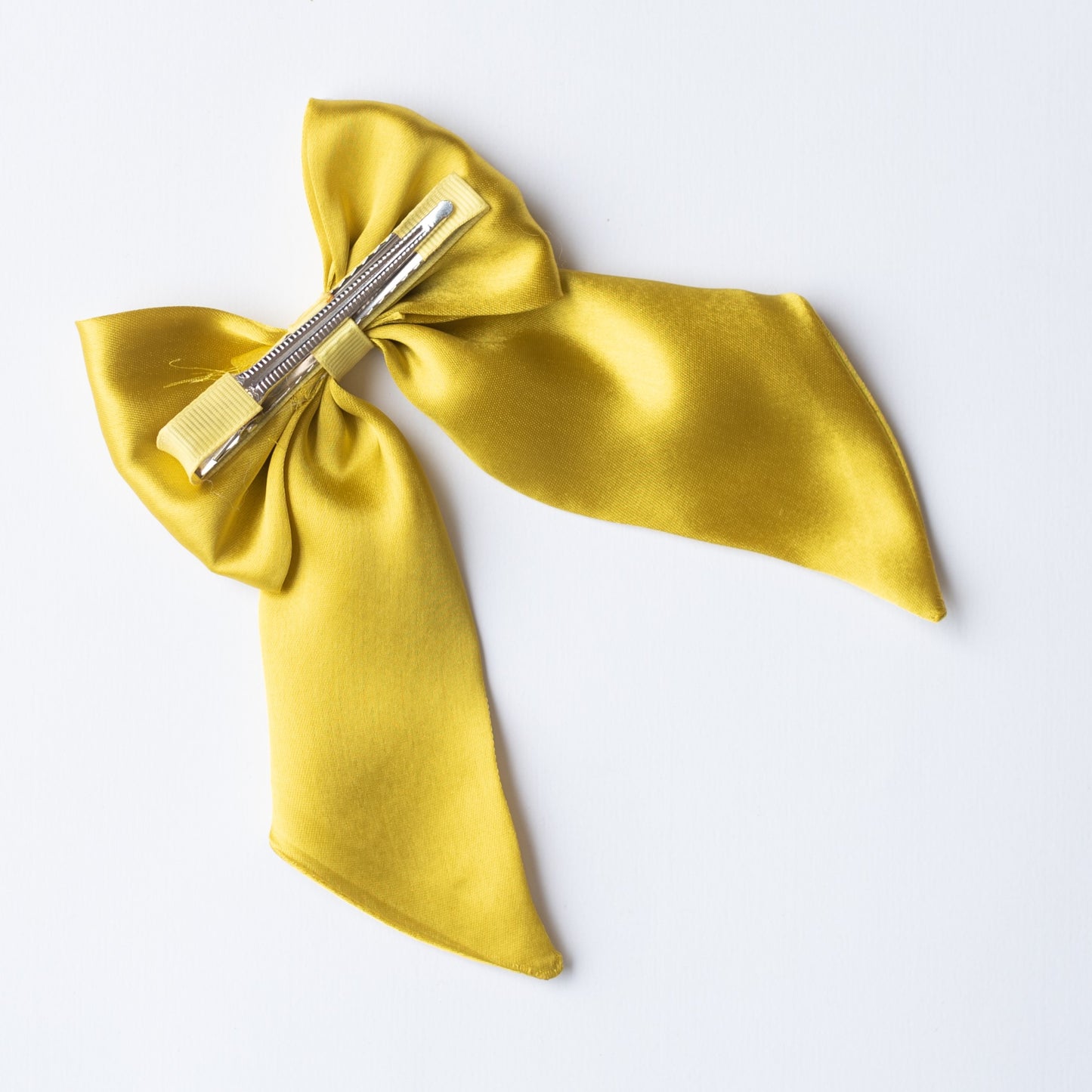 Big fancy satin bow on alligator clip embellished with pearls - Yellow