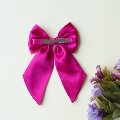 Big fancy satin bow on alligator clip embellished with pearls - Dark Pink