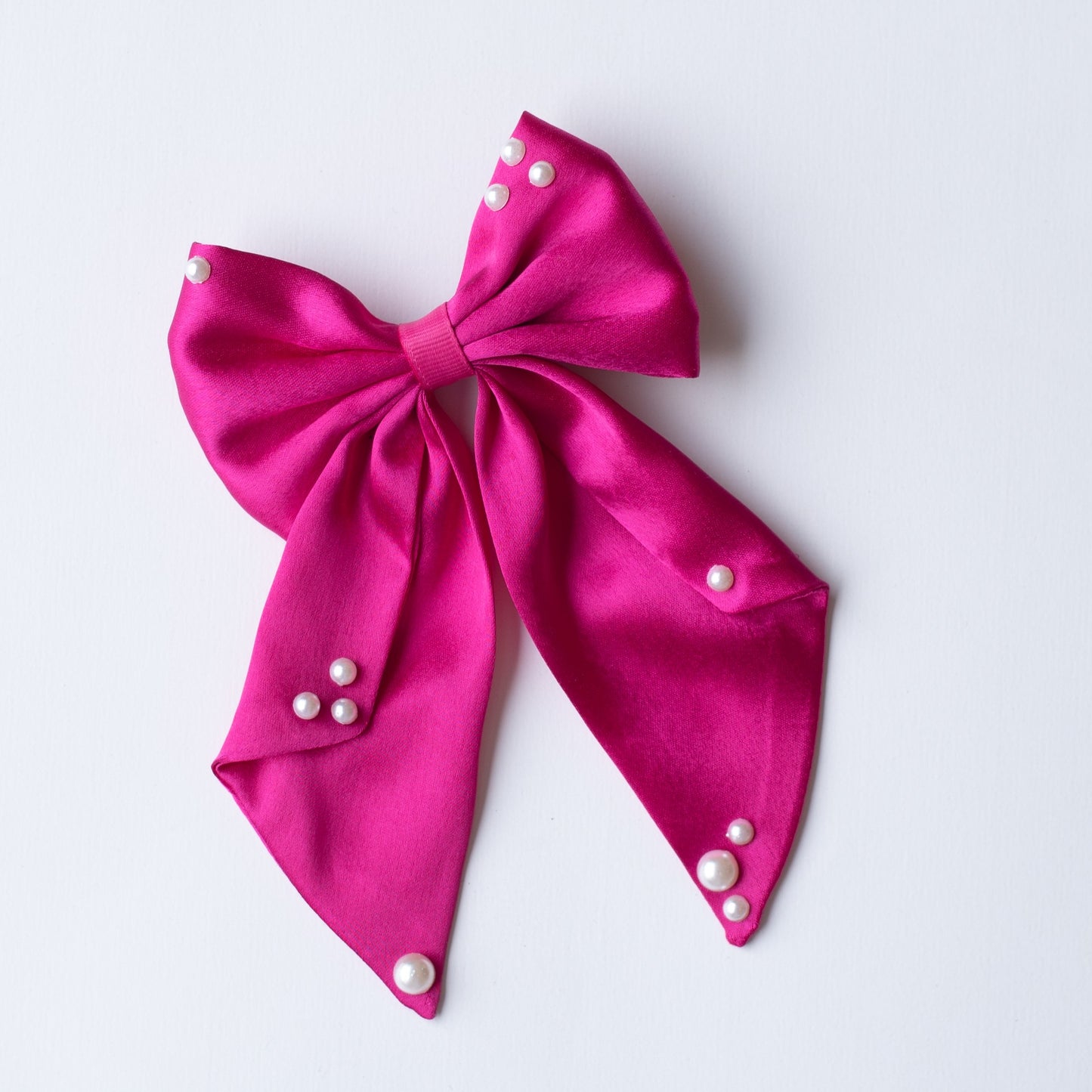 Big fancy satin bow on alligator clip embellished with pearls - Dark Pink