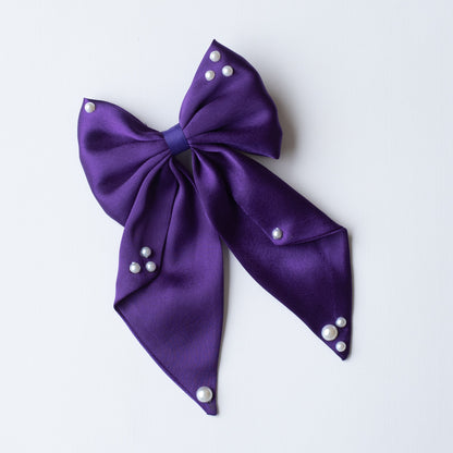 Big fancy satin bow on alligator clip embellished with pearls - Dark Purple