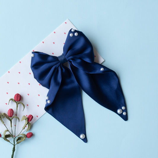 Big fancy satin bow on alligator clip embellished with pearls - Navy Blue