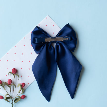 Big fancy satin bow on alligator clip embellished with pearls - Navy Blue