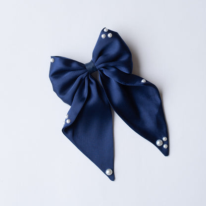 Big fancy satin bow on alligator clip embellished with pearls - Navy Blue