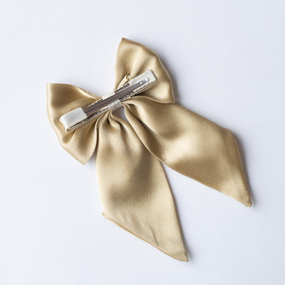 Big fancy satin bow on alligator clip embellished with pearls - Ivory