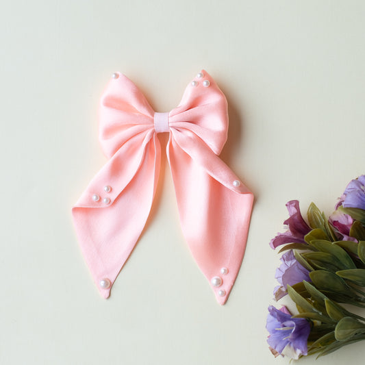 Big fancy satin bow on alligator clip embellished with pearls - Peach