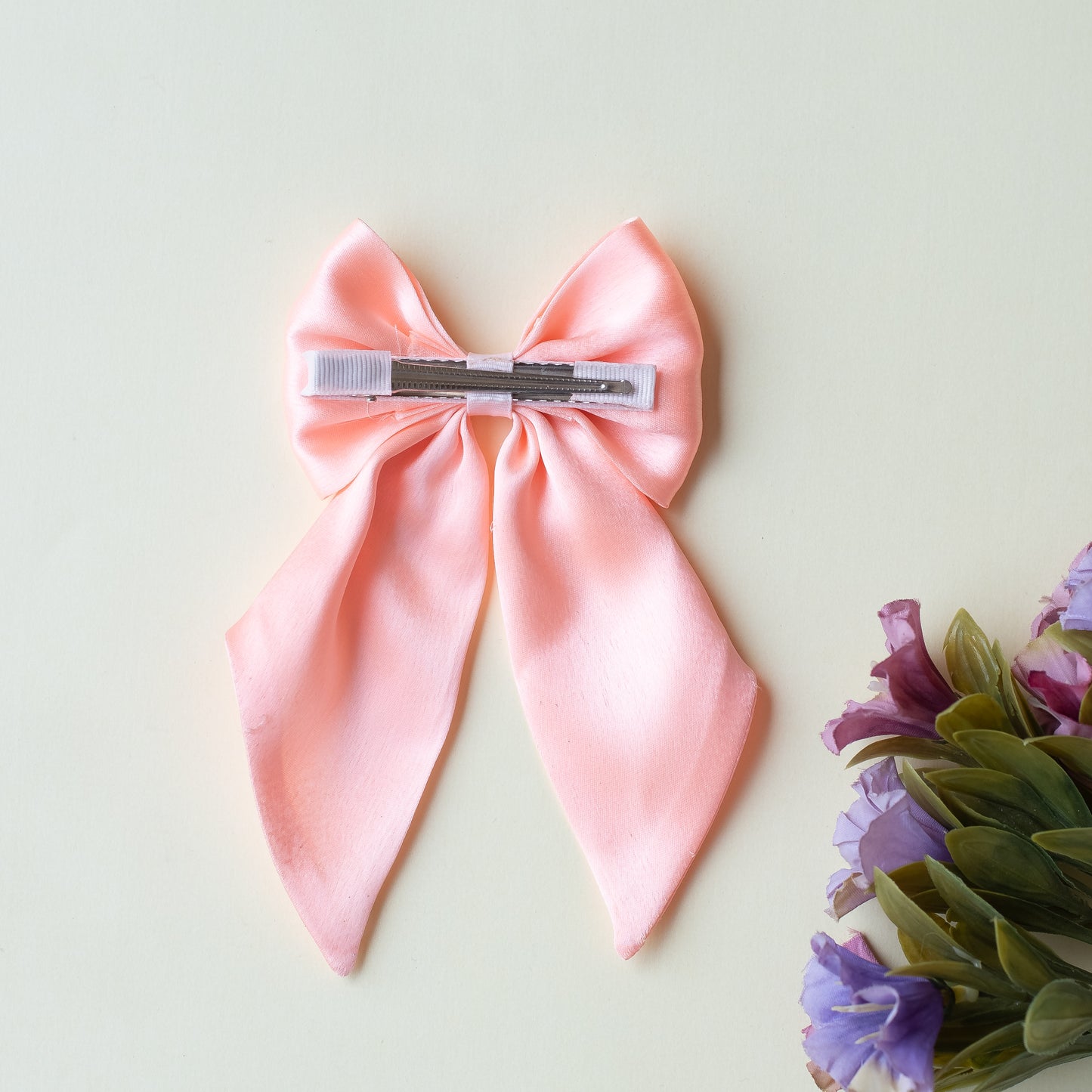 Big fancy satin bow on alligator clip embellished with pearls - Peach