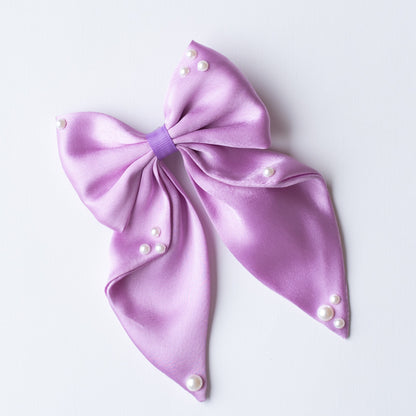 Big fancy satin bow on alligator clip embellished with pearls - Light Purple
