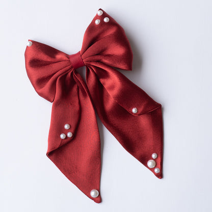 Big fancy satin bow on alligator clip embellished with pearls - Maroon