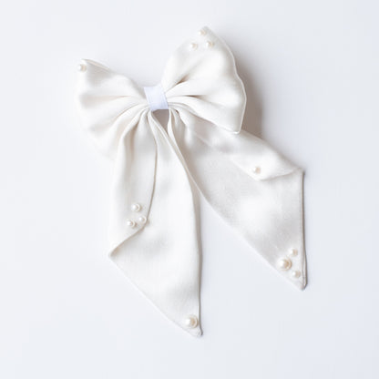 Big fancy satin bow on alligator clip embellished with pearls - White