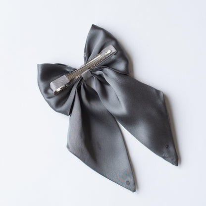 Big fancy satin bow on alligator clip embellished with pearls - Grey