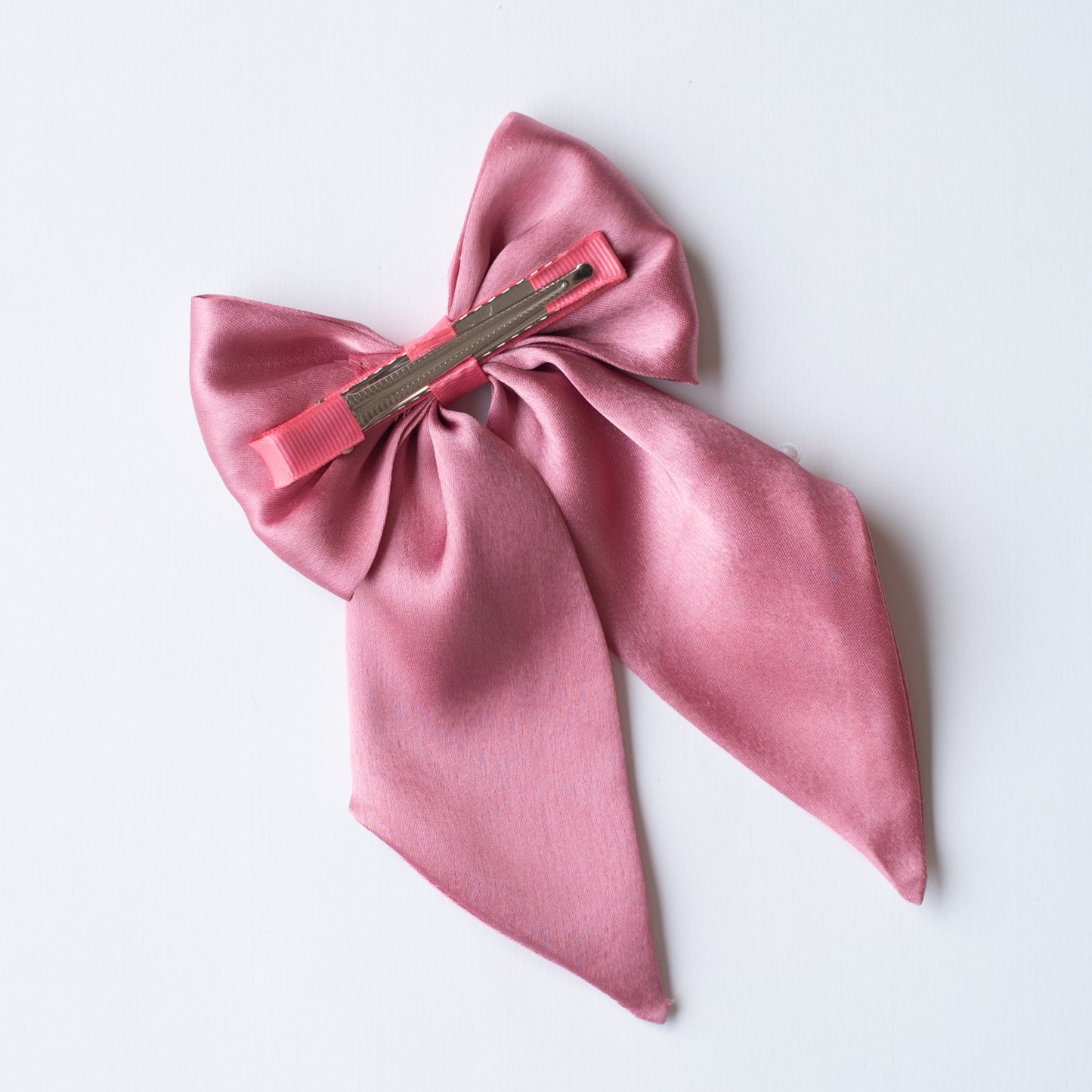 Big fancy satin bow on alligator clip embellished with pearls - Rose Pink