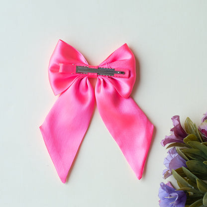Big fancy satin bow on alligator clip embellished with pearls - Fluorescent Pink