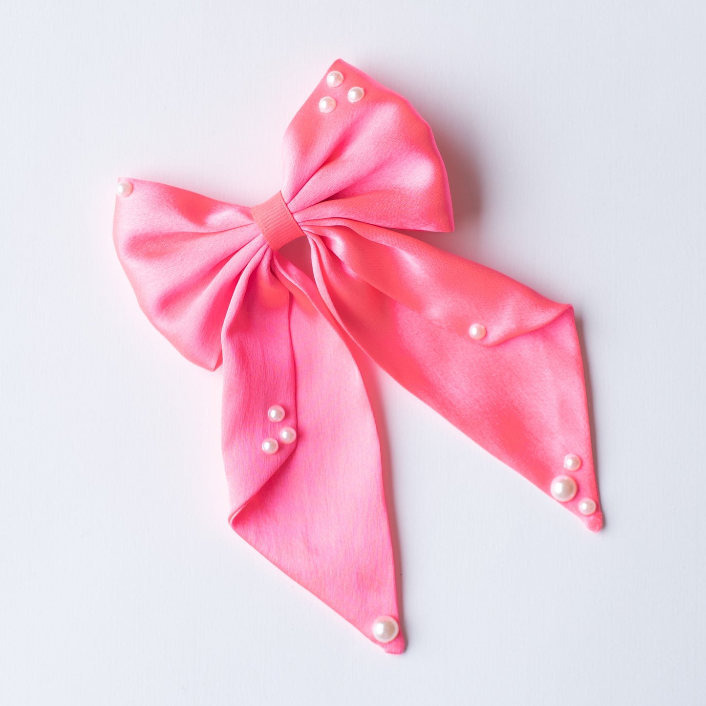 Big fancy satin bow on alligator clip embellished with pearls - Fluorescent Pink