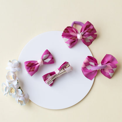 Combo: Checkered small bow on alligators clips and matching small rubberbands - Purple