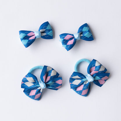 Combo: Checkered small bow on alligators clips and matching small rubberbands - Blue