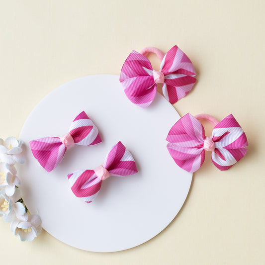 Combo: Chevron print small bow on alligator clips and matching small rubberbands - Pink