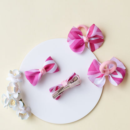 Combo: Chevron print small bow on alligator clips and matching small rubberbands - Pink