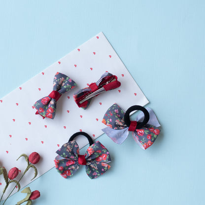 Ribbon Candy - Combo: Floral print small bow on alligator clips and matching small rubberbands (4 nos) - Grey and Maroon.
