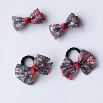 Ribbon Candy - Combo: Floral print small bow on alligator clips and matching small rubberbands (4 nos) - Grey and Maroon.