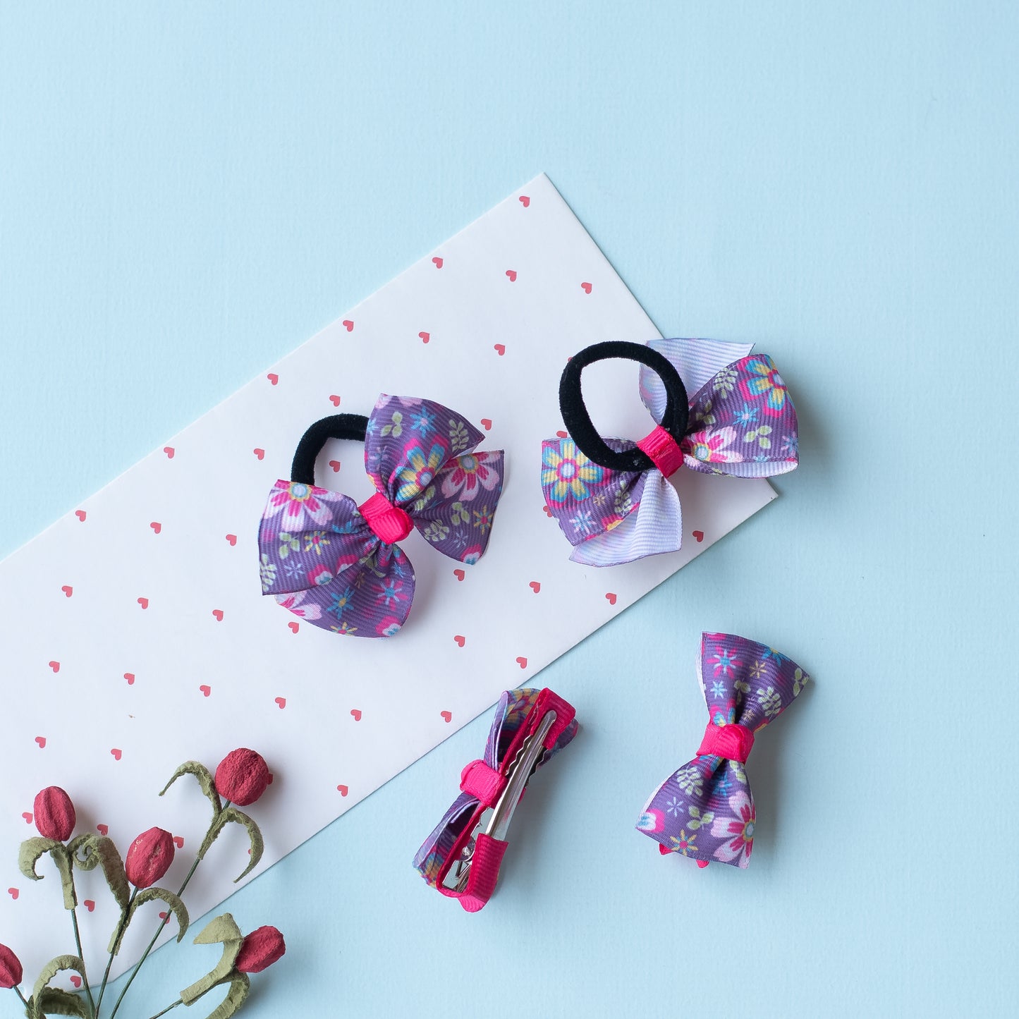 Combo: Floral print small bow on alligator clips and matching small rubberbands (4 nos) - Purple.