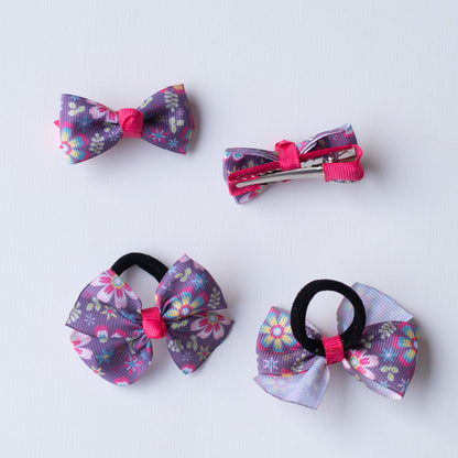 Combo: Floral print small bow on alligator clips and matching small rubberbands (4 nos) - Purple.